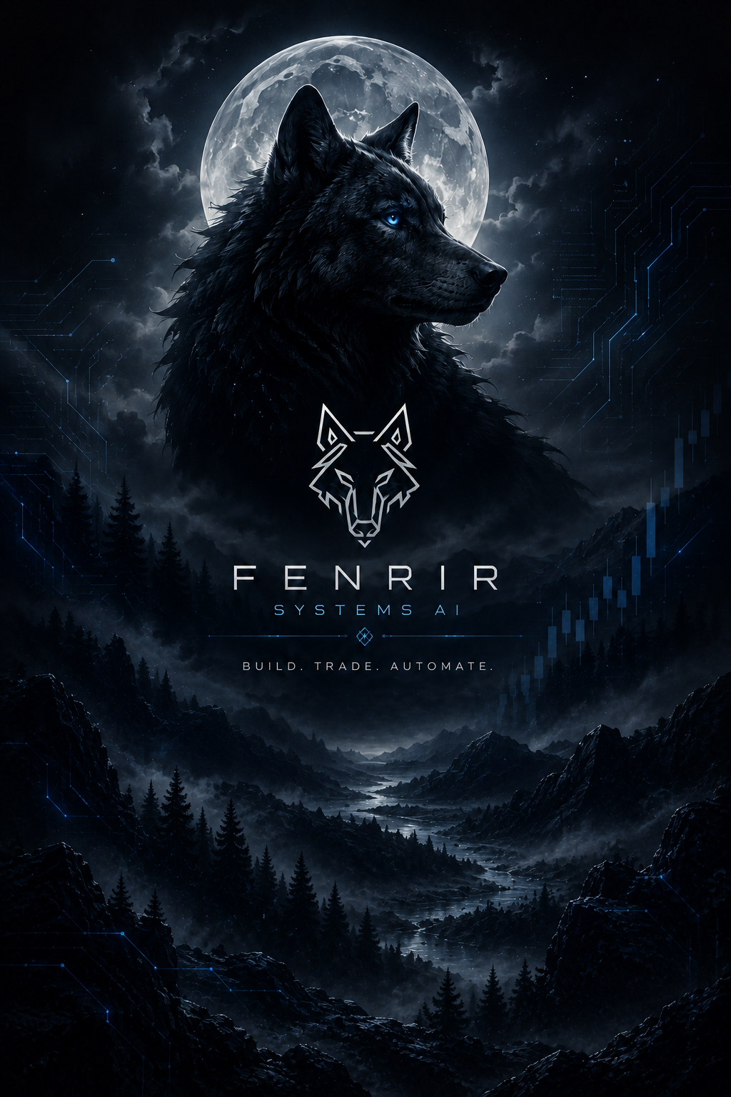 Moonlit Fenrir Systems AI poster with a wolf and subtle market technology details