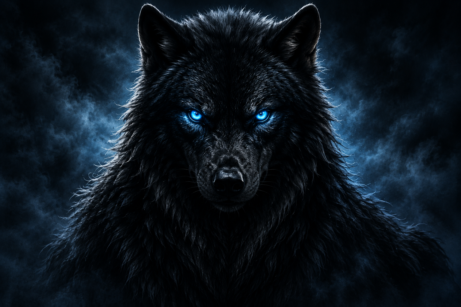Black Fenrir wolf with luminous blue eyes against a dark atmospheric background